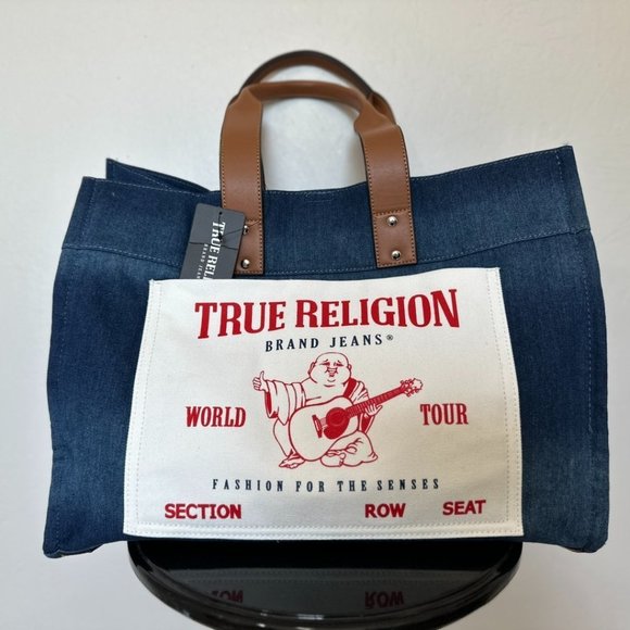 NWT True Religion Washed Navy Denim Large Tote - Picture 4 of 13